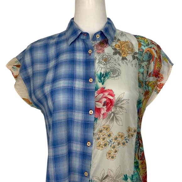 Johnny Was 3J Workshop Blouse S Blue Plaid Floral Silk Blend - Picture 8 of 13